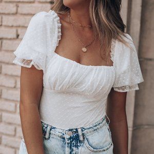 White Polka Dot Mesh See-through Ruffled Square Neck Bodysuit